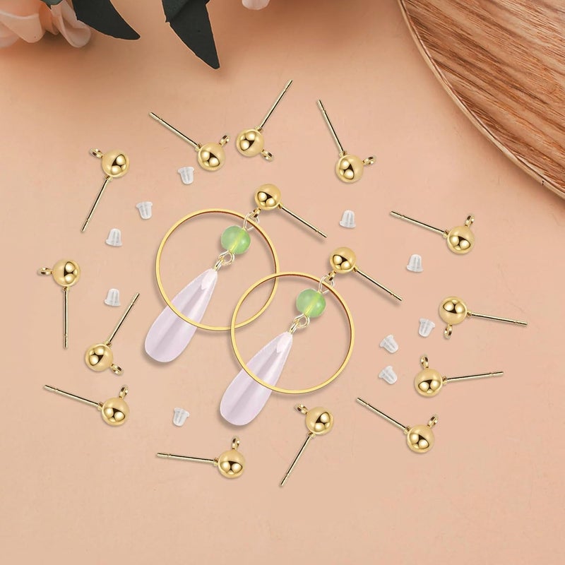 Oubaka 320Pcs Ball Post Earring Studs Set for Jewelry Making,120Pcs Round Ball Earring Posts Hypoallergenic Earring Posts Round Ball Ear Pin with 200Pcs Clear Earring Backs for DIY Jewelry Making(K Gold) - Image 3